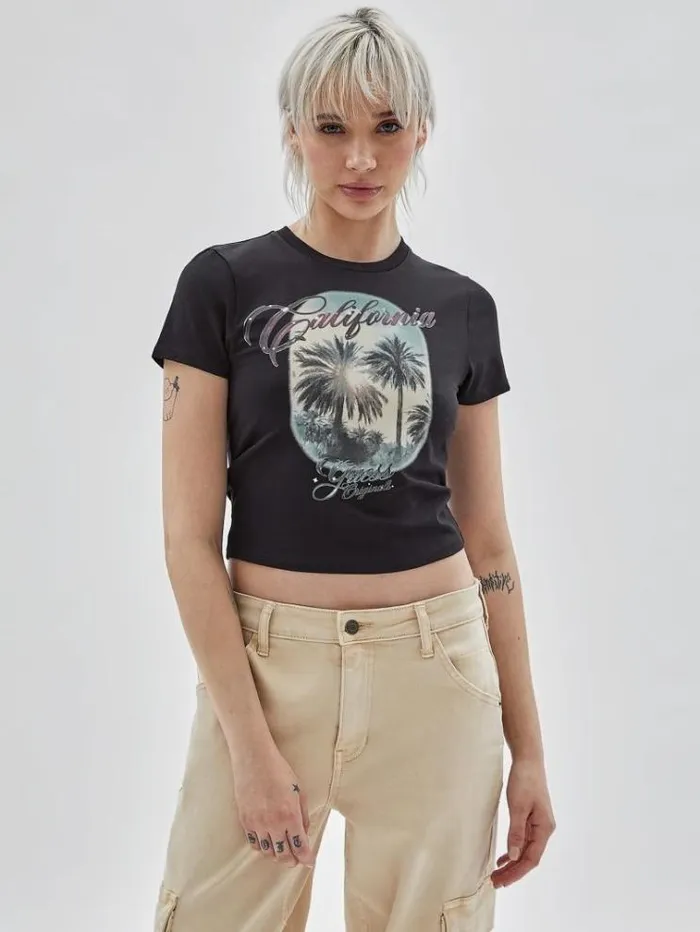 Women Front Print Cropped Tshirt Black Guess Tshirts