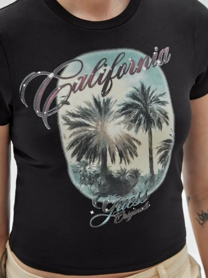 Women Front Print Cropped Tshirt Black Guess Tshirts