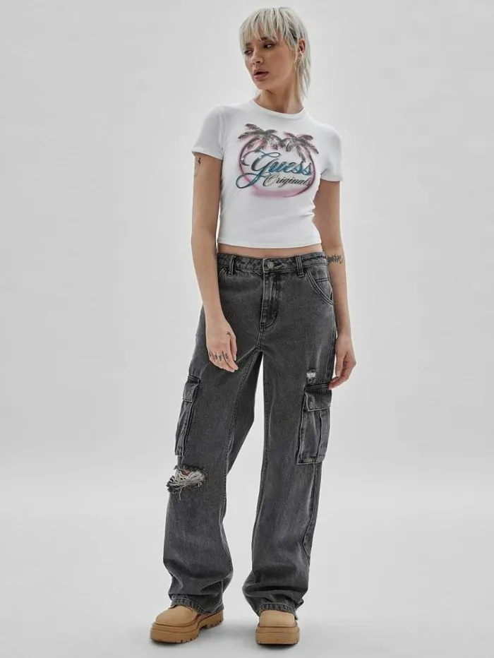 Women Front Print Cropped Tshirt White Guess Tshirts