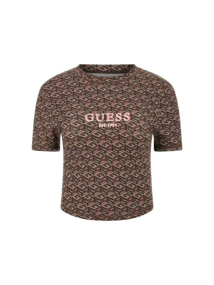 Women G Cube Logo Crop Top Brown Multi Guess Activewear
