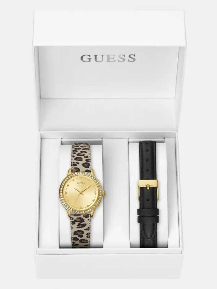 Women Genuine Leather Watch Box Set Silver Guess Watches