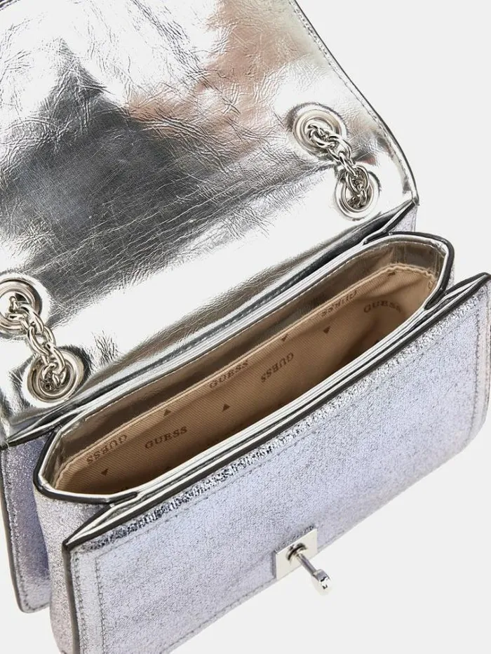 Women Gilded Glamour Laminated Mini Crossbody Silver Guess Crossbody Bags