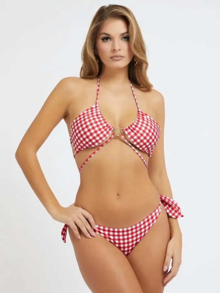 Women Gingham Check Brief Bikini Bottom Red Multi Guess Beachwear