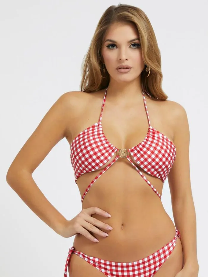 Women Gingham Check Triangle Bikini Bra Red Multi Guess Beachwear