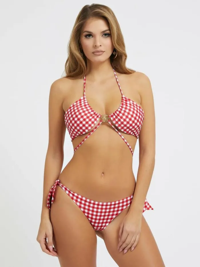 Women Gingham Check Triangle Bikini Bra Red Multi Guess Beachwear