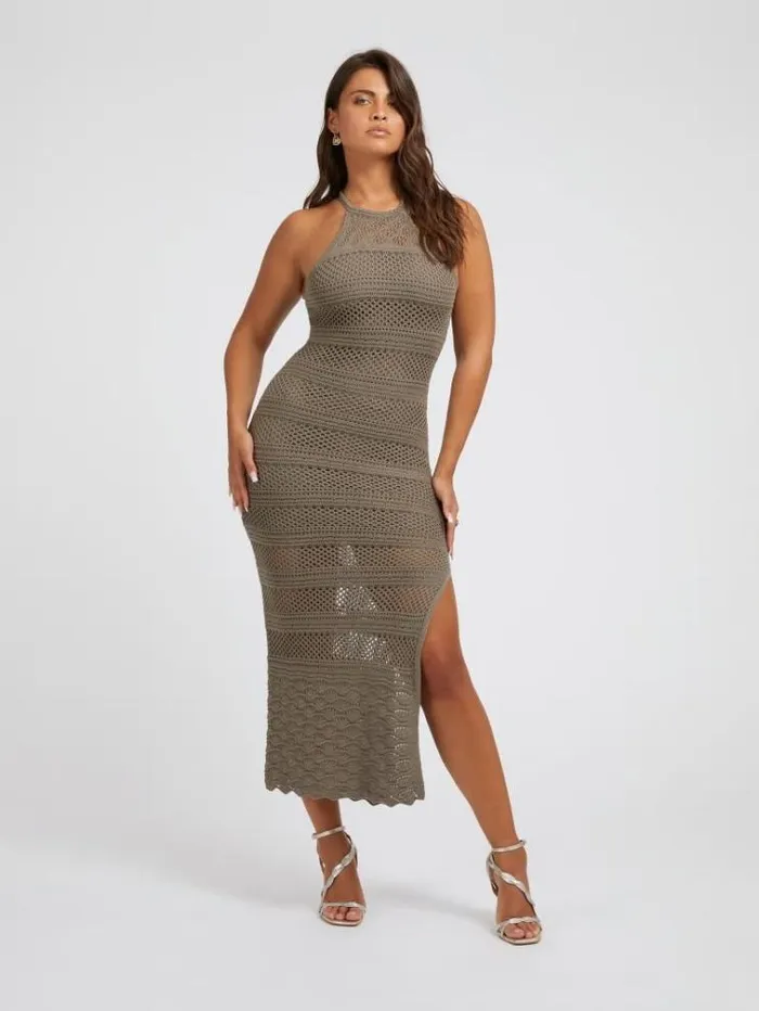 Women Halter Neck Sweater Long Dress Green Guess Dresses And Jumpsuits