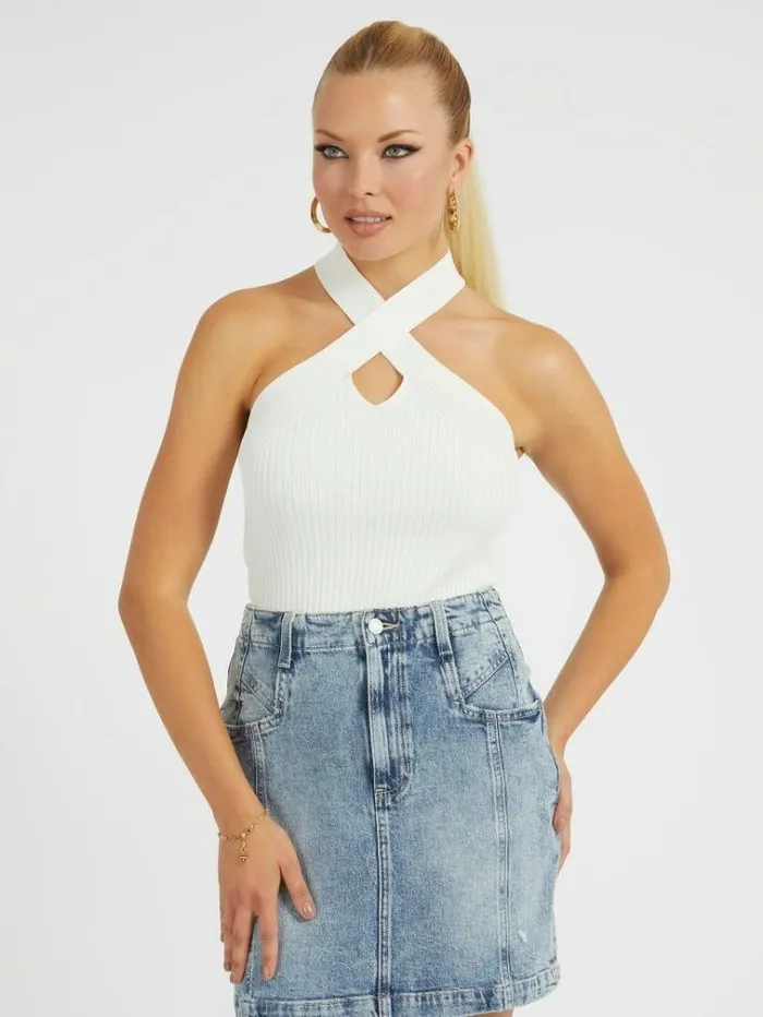 Women Halter Neck Sweater Top White Guess Tops And Shirts