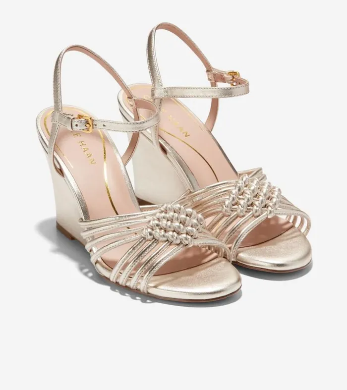 Women Heels and Pumps Cole Haan Jitney Knot Wedge Sandals Soft Gold