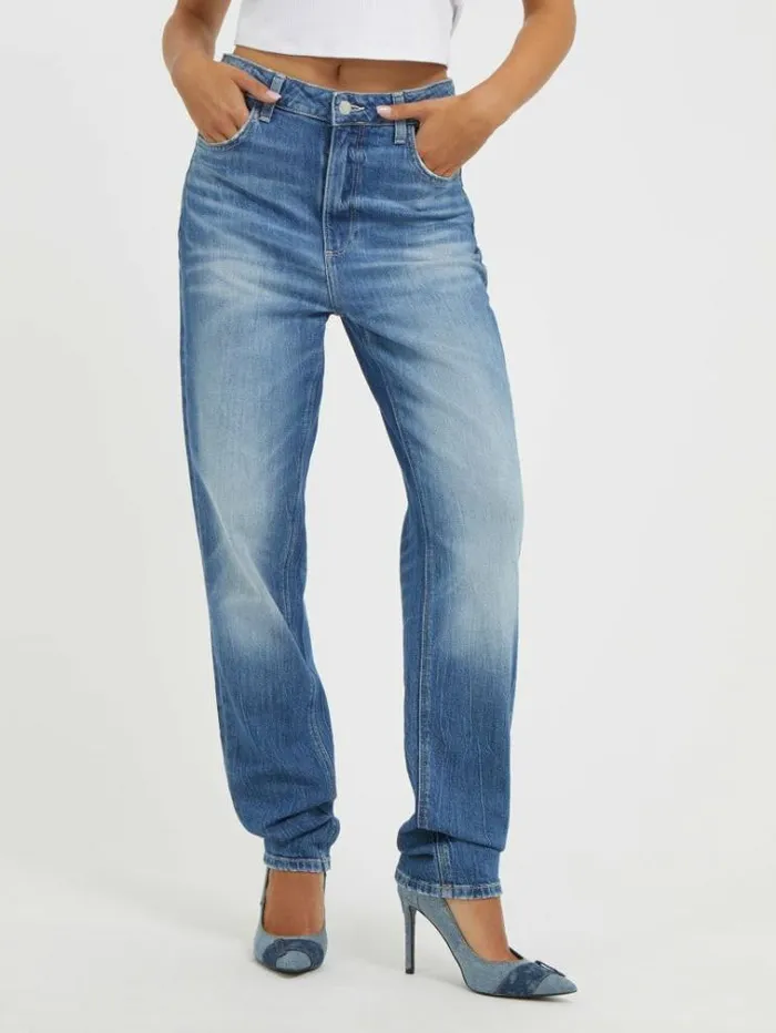 Women High Rise Mom Denim Pant Blue Guess Relaxed