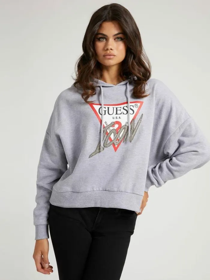 Women Icon Logo Hoodie Sweatshirt Grey Guess Knitwear And Sweatshirts