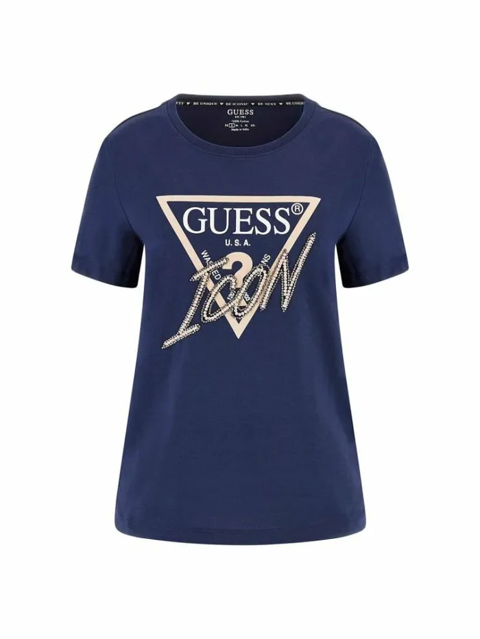 Women Icon Triangle Logo Tshirt Blue Guess Tshirts