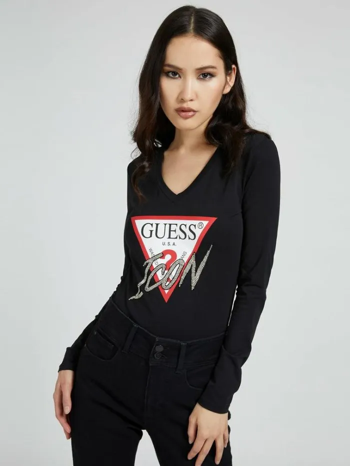 Women Iconic Rhinestone Triangle Tshirt Black Guess Tshirts