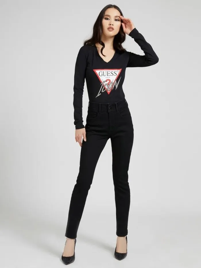 Women Iconic Rhinestone Triangle Tshirt Black Guess Tshirts