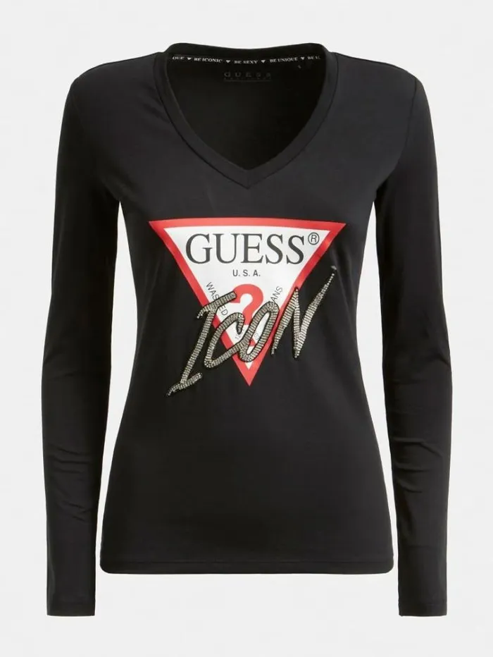 Women Iconic Rhinestone Triangle Tshirt Black Guess Tshirts