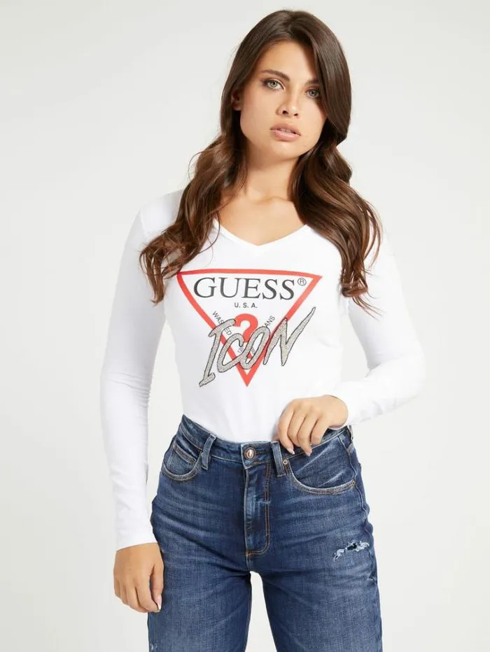 Women Iconic Rhinestone Triangle Tshirt White Guess Tshirts