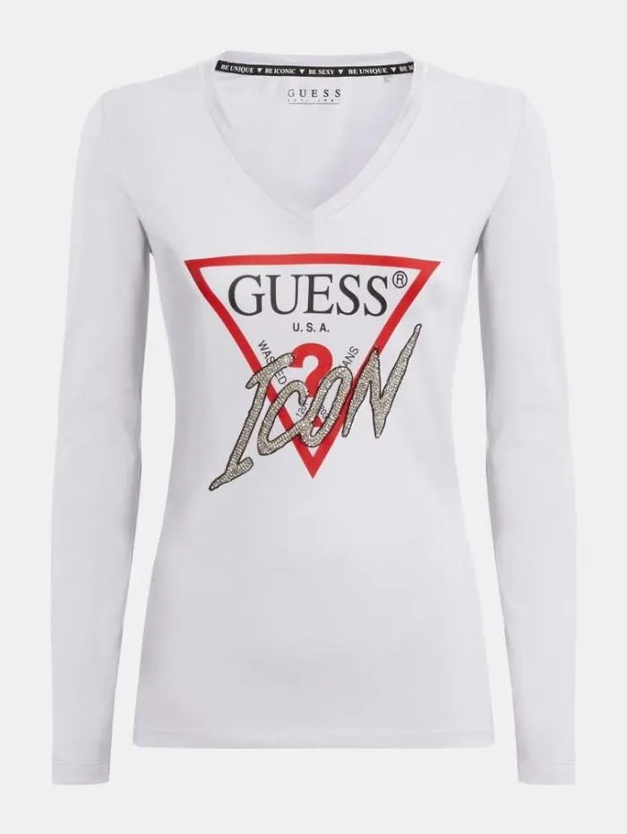 Women Iconic Rhinestone Triangle Tshirt White Guess Tshirts
