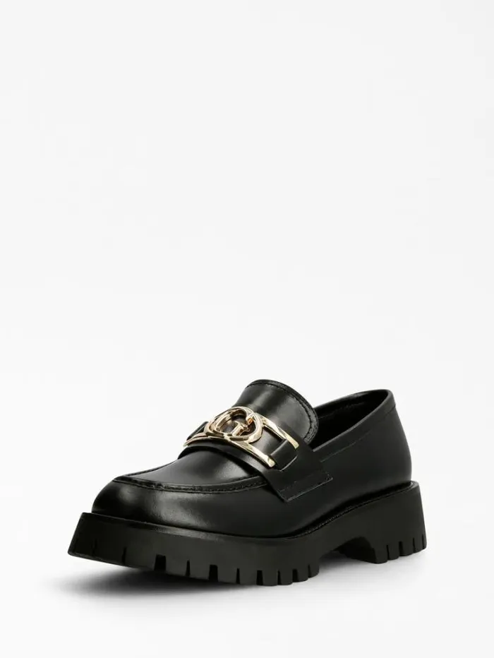 Women Ilary Real Leather Loafer Black Guess Flat Shoes