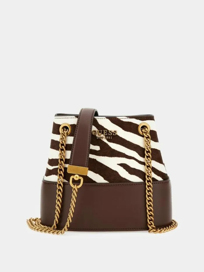 Women Iseline Genuine Leather Mini Bucket Bag Animalier Brown Guess Mini Bags