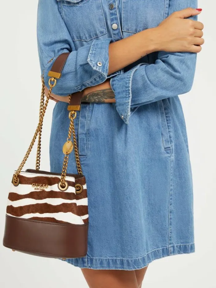 Women Iseline Genuine Leather Mini Bucket Bag Animalier Brown Guess Mini Bags