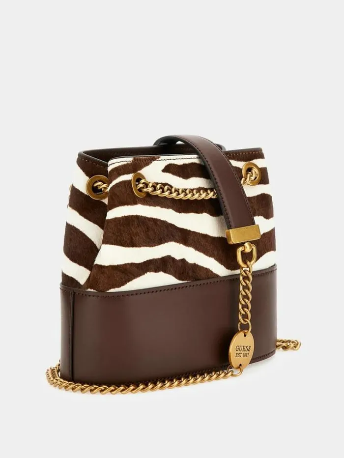 Women Iseline Genuine Leather Mini Bucket Bag Animalier Brown Guess Mini Bags