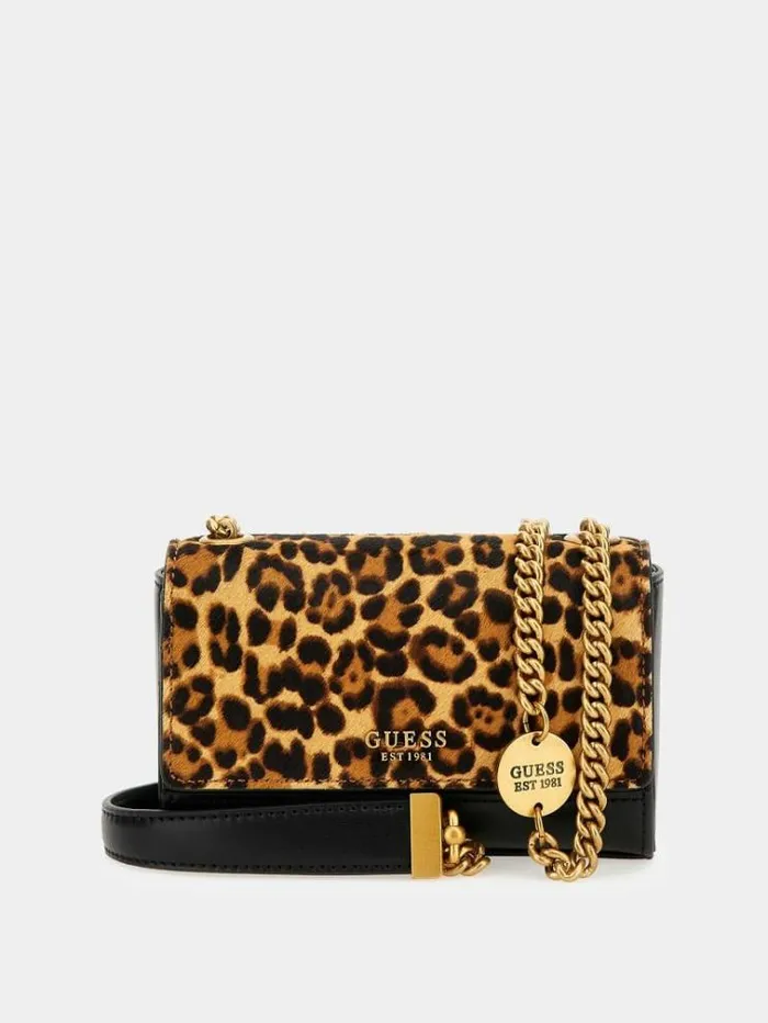 Women Iseline Genuine Leather Mini Crossbody Animalier Brown Guess Crossbody Bags