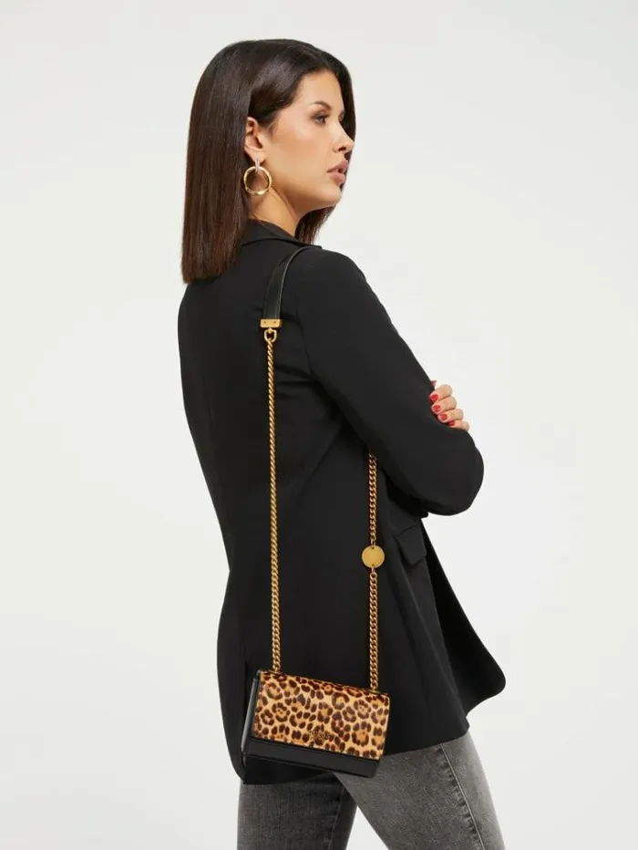 Women Iseline Genuine Leather Mini Crossbody Animalier Brown Guess Crossbody Bags