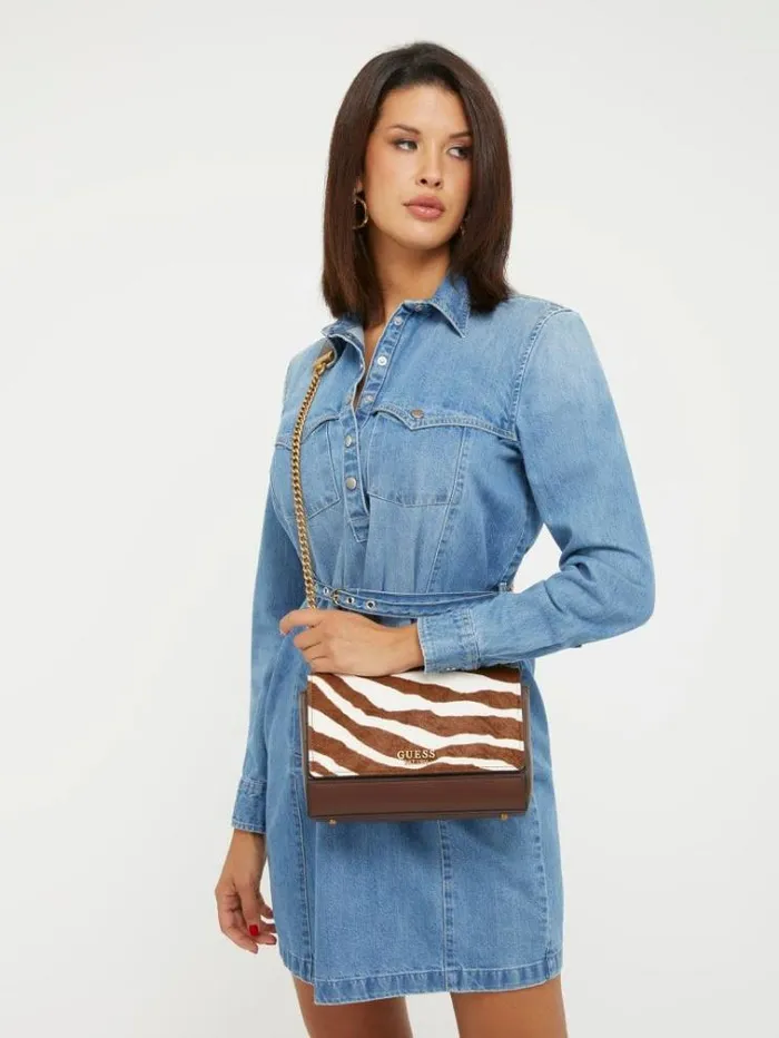 Women Iseline Genuine Leather Mini Crossbody Animalier Brown Guess Mini Bags