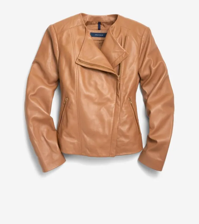 Women Jackets and Coats Cole Haan Asymmetrical Leather Jacket Hazelnut