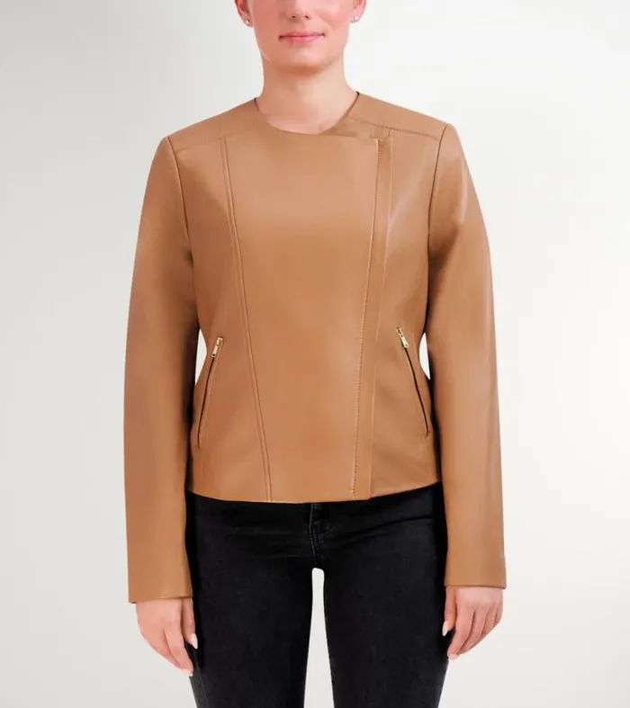 Women Jackets and Coats Cole Haan Asymmetrical Leather Jacket Hazelnut