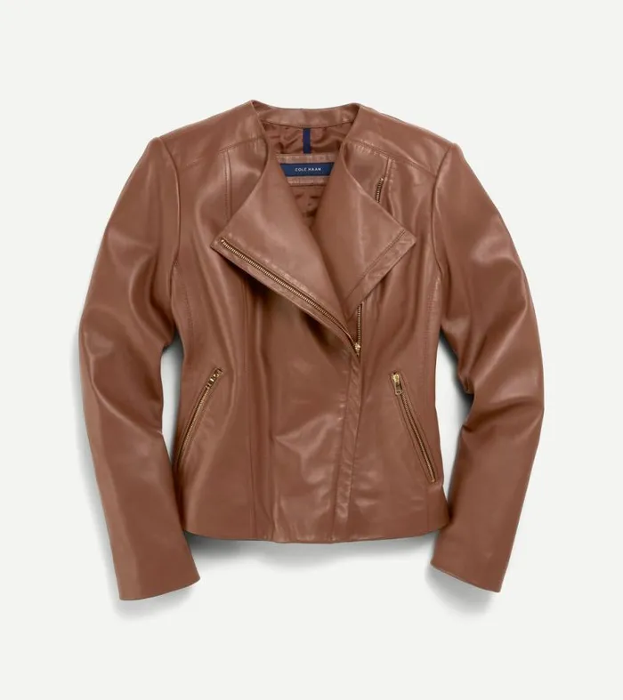 Women Jackets and Coats Cole Haan Asymmetrical Leather Jacket Hickory Brown