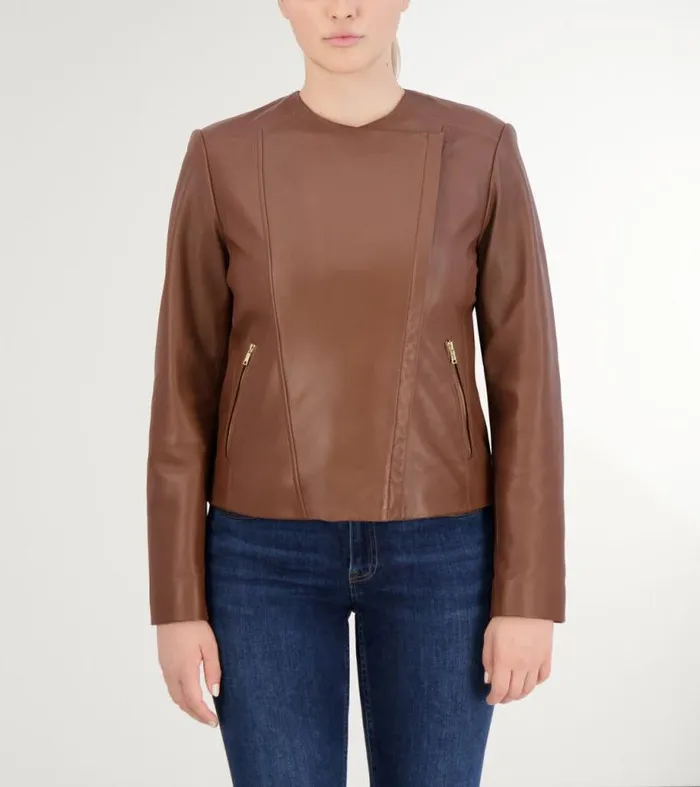 Women Jackets and Coats Cole Haan Asymmetrical Leather Jacket Hickory Brown