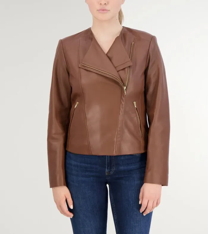 Women Jackets and Coats Cole Haan Asymmetrical Leather Jacket Hickory Brown