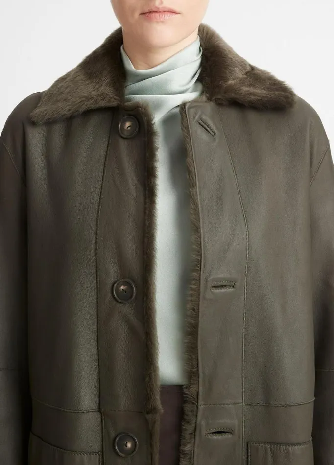 Women Jackets and Outerwear Vince Reversible Rasada Shearling Coat Dark Olive