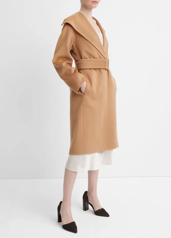 Women Jackets and Outerwear Vince Wool And Cashmere Belted DrapeNeck Coat Almond