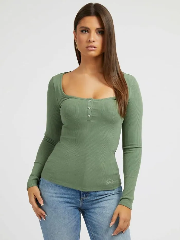 Women Jewel Buttons Top Green Multi Guess Tops And Shirts
