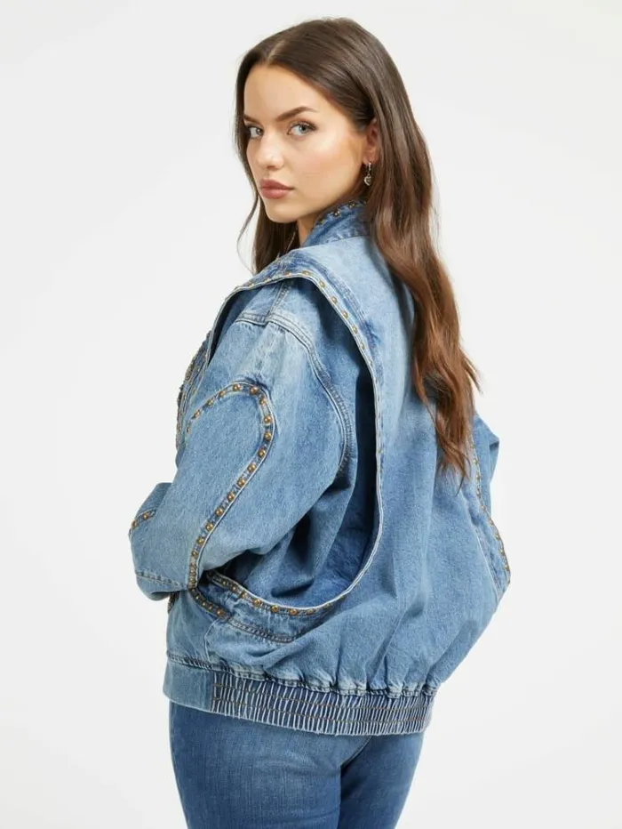 Women Jewel Details Denim Bomber Light Blue Guess Coats And Jackets