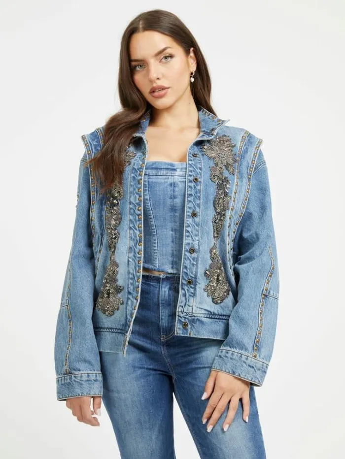 Women Jewel Details Denim Bomber Light Blue Guess Coats And Jackets