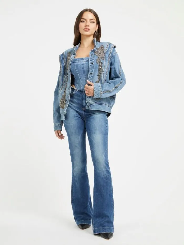Women Jewel Details Denim Bomber Light Blue Guess Coats And Jackets