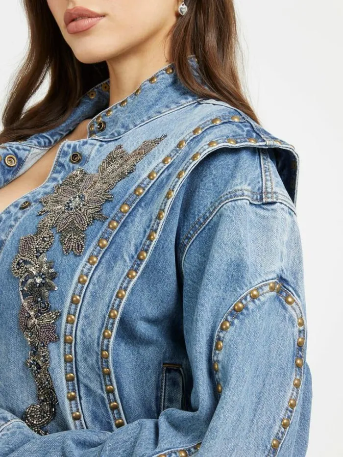 Women Jewel Details Denim Bomber Light Blue Guess Coats And Jackets
