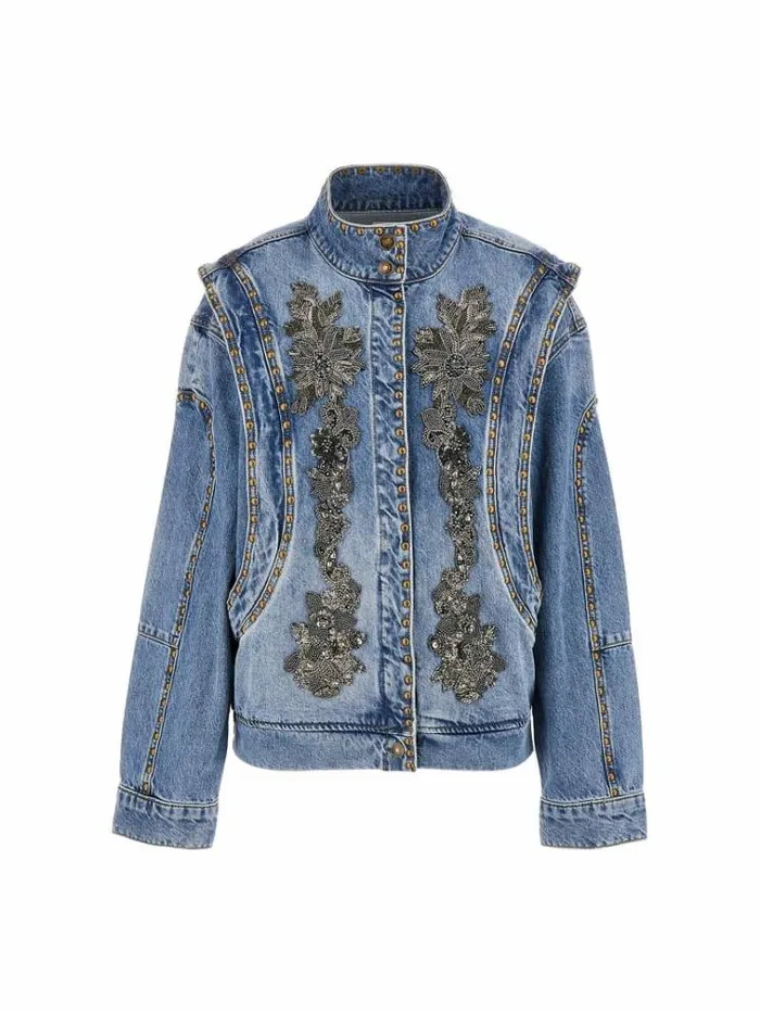 Women Jewel Details Denim Bomber Light Blue Guess Coats And Jackets