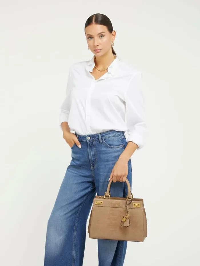 Women Katey Crocprint Handbag Beige Guess Handbags