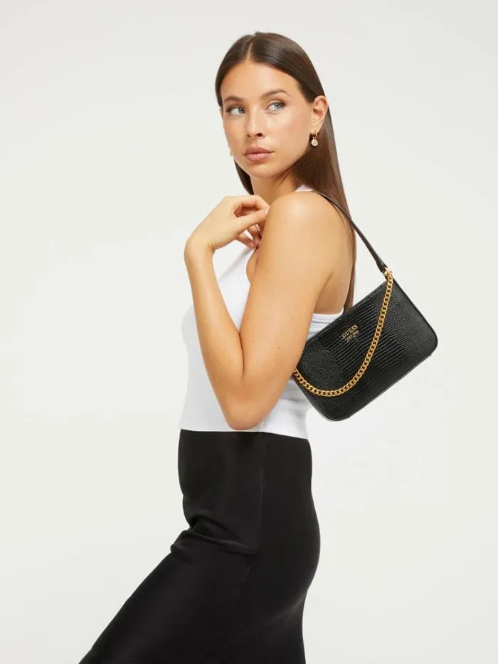 Women Katey Crocprint Mini Shoulder Bag Black Guess Shoulder Bags
