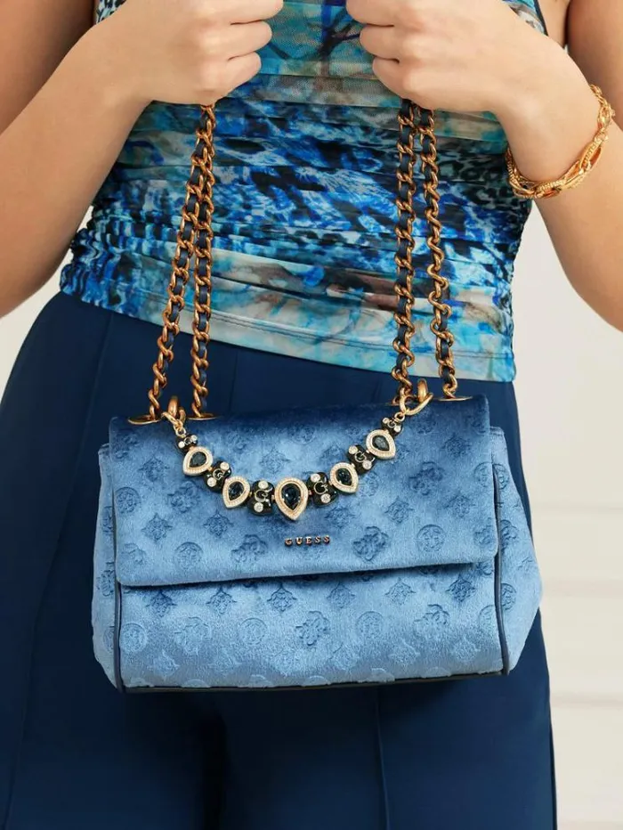 Women Kimi Velvet Jewel Crossbody Blue Guess Crossbody Bags