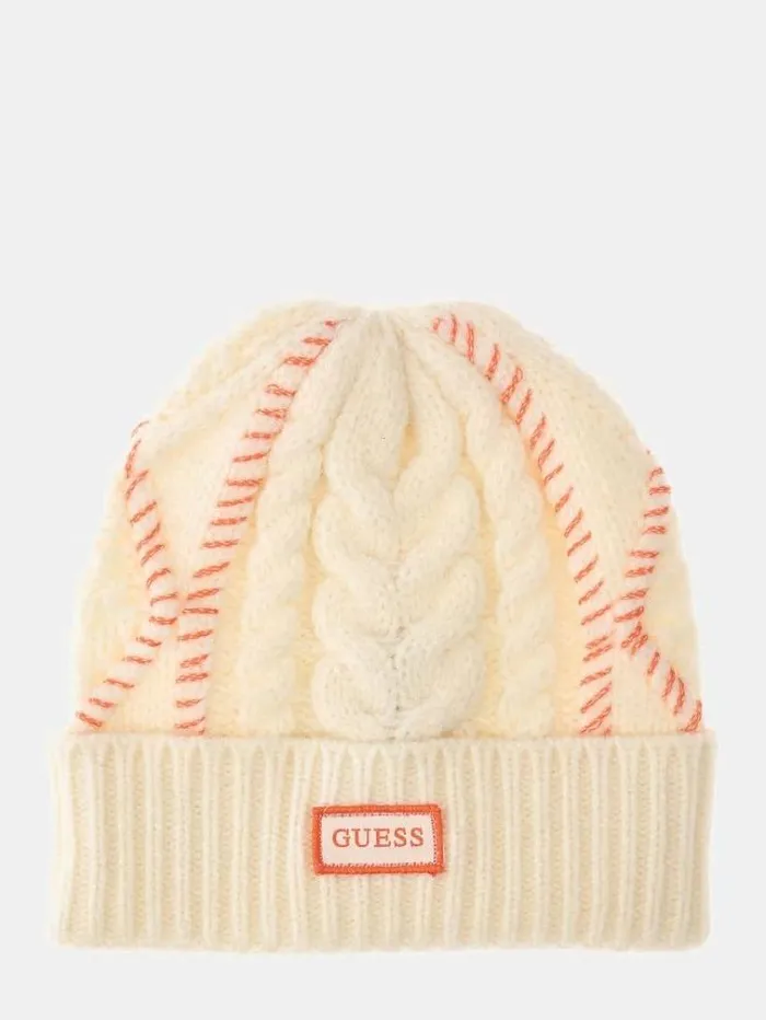 Women Knitted Beanie Cream Guess Hats And Gloves