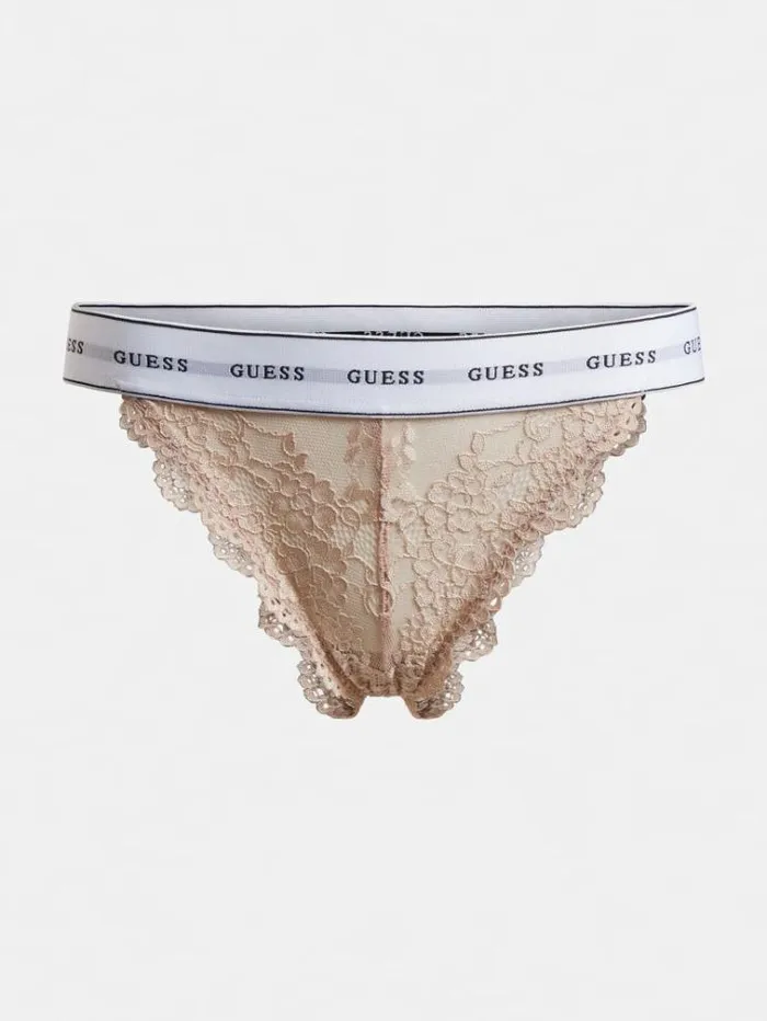 Women Lace Brazilian Briefs With Logo Beige Guess Underwear