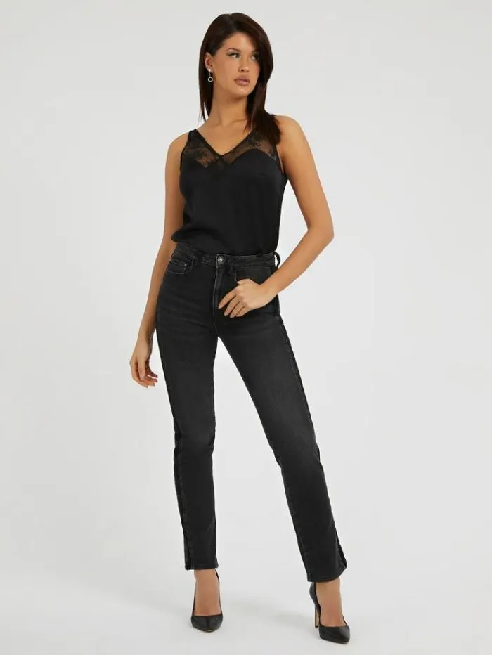Women Lace Details Straight Denim Pant Black Guess Straight