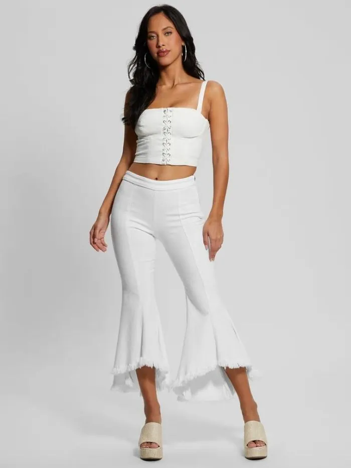 Women Laceup Denim Top White Guess Tops And Shirts