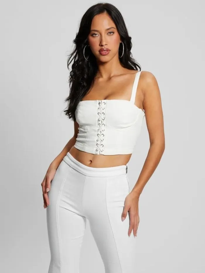 Women Laceup Denim Top White Guess Tops And Shirts