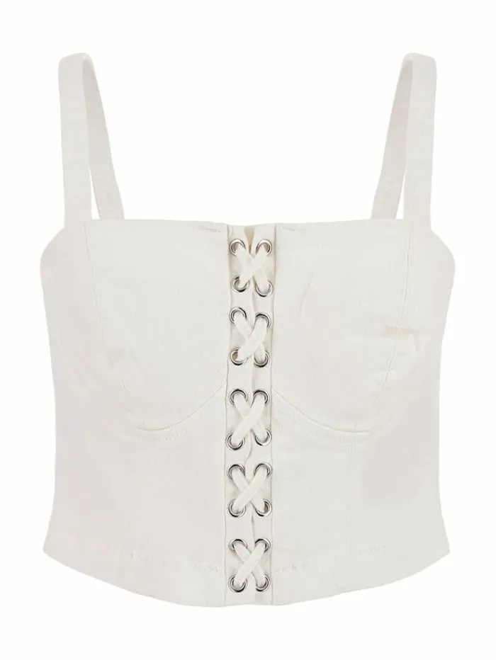 Women Laceup Denim Top White Guess Tops And Shirts