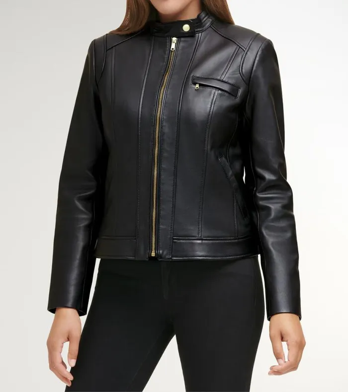 Women Leather Jackets Cole Haan Lambskin Leather Jacket Black